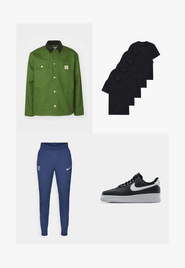 Carhartt WIP MICHIGAN - Lahka jakna - tarragon/black rigid; Pak petih črnih majic s kratkimi rokavi in ovratnikom v obliki črke crew. Iz bombažne tkanine, standardni kroj. Gladka tekstura brez vidnih vzorcev ali okraskov.; Mornarice športne hlače iz teksturiranega materiala z logotipom Pariza na levem stegnu in belim Nikejevim logotipom na desni strani.; Črne usnjene teniske z teksturirano površino, bele Nikejeve zmage, sivo podplato, okroglo konico in vezalno zasnovo. Imajo perforacije na prednjem delu.