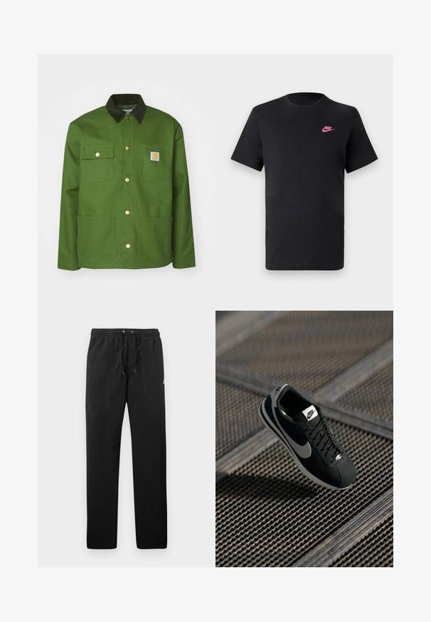 Carhartt WIP MICHIGAN - Allvädersjacka - tarragon/black rigid; Svart bomullströja med rund halsringning och korta ärmar. Har en rosa Nike-logga på den övre vänstra sidan. Slät textur.; Svarta sweatpants i fleece, med resårmidja och dragsko, två framfickor och en liten logotyp på låret.; Svarta Nike-sneakers med grå accenter, material i mocka och nät, texturerad sula, smal form och klassisk snördesign.