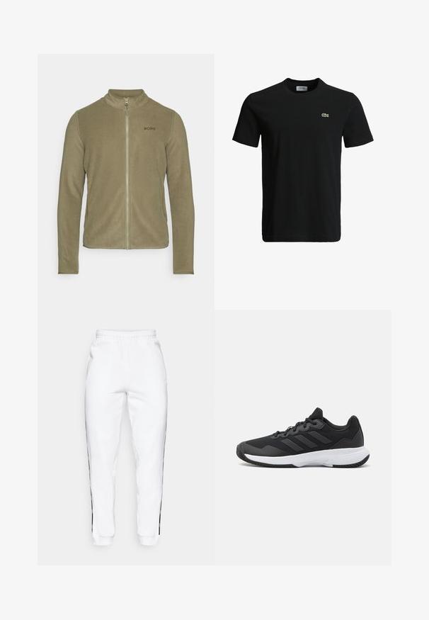 Björn Borg FULL ZIP - Flísová bunda - deep lichen green; Čierne bavlnené tričko s okrúhlym výstrihom, krátkymi rukávmi a malým zeleným logo krokodíla na ľavej hrudi. Hladká textúra, ležérny dizajn.; Biele teplákové nohavice s elastickým pásom, s čiernymi bočnými pruhmi a manžetami. Vyrobené z mäkkej tkaniny s hladkým povrchom.; Čierna atletická topánka s textúrovaným zvrškom, s tromi horizontálnymi pruhmi a bielou podrážkou s vzorovaným profilom. Ľahký a aerodynamický dizajn.