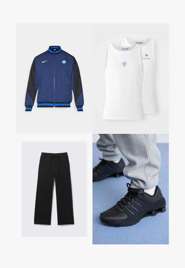 Marineblaue Jacke mit schwarzen Ärmeln, ausgestattet mit einem durchgehenden Reißverschluss, gerippten Bündchen, blauen Akzenten und einem runden Logo auf der linken Brust.; Zwei weiße Tanktops mit Rippstricktextur, die blaue und grüne gestickte Logos aufweisen. Eines hat ein Sonnendesign, das andere eine Palme.; Schwarze weit geschnittene Sweatpants aus einem weichen Material. Mit einem elastischen Bund und einer Kordel sowie Seitentaschen. Glatte Textur.; Person in schwarzen Nike Shox Sneakers und grauen Jogginghosen, der auf einem hellblauen Teppich steht.