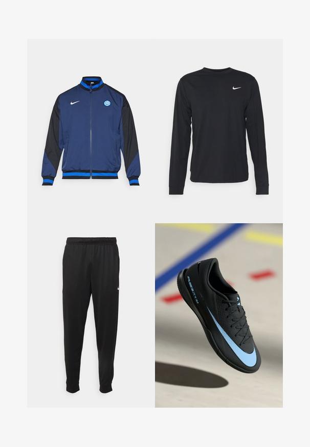 Marineblaue Jacke mit schwarzen Ärmeln, ausgestattet mit einem durchgehenden Reißverschluss, gerippten Bündchen, blauen Akzenten und einem runden Logo auf der linken Brust.; Schwarzes Langarmshirt aus glattem Stoff mit Rundhalsausschnitt und kleinem weißen Nike-Logo auf der oberen linken Brust.; Schwarze Sporthosen aus glattem Stoff, mit einem elastischen Bund, schmal zulaufenden Beinen und einem kleinen weißen Logo auf der linken Seite.; Schwarzer Sportschuh mit blauen Akzenten, strukturierter Oberfläche, Schnürdesign und markantem Nike-Logo. Gummisohle mit Grip-Mustern.