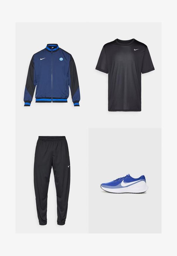 Marineblaue Jacke mit schwarzen Ärmeln, ausgestattet mit einem durchgehenden Reißverschluss, gerippten Bündchen, blauen Akzenten und einem runden Logo auf der linken Brust.; Schwarzes Sport-T-Shirt mit kurzen Ärmeln, Rundhals, aus glattem Stoff. Besitzt ein kleines weißes Nike-Logo auf der oberen linken Seite.; Schwarze Sporthose mit elastischem Bund, schmal zulaufenden Beinen und kleinem weißen Nike-Logo auf dem linken Oberschenkel. Glattes Material, ohne Muster.; Blaue Sportschuhe mit einem atmungsaktiven Mesh-Oberteil, weißem Swoosh-Logo und schwarzem Gummi-Außensohle. Gepolsterte Sohle für Komfort.