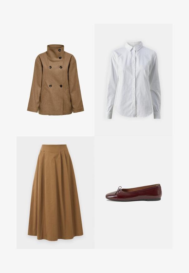 Manteau en mélange de laine marron avec un col montant, design double boutonnage et boutons noirs. Dispose de deux poches latérales et d'une coupe droite.; Chemise blanche à manches longues en coton lisse, dotée d'un col classique et d'un ourlet arrondi. Les boutons sont petits et blancs.; Jupe A-line en coton brun avec taille haute, dotée de plis sur le devant et d'une texture lisse. Les finitions de l'ourlet sont nettes et simples.; Ballerines en cuir verni bordeaux avec un bout rond, un petit nœud décoratif à l'avant et une semelle en caoutchouc noire basse. Texture lisse.