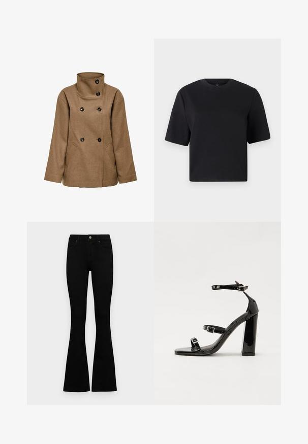 Brown wool blend coat with a high collar, double-breasted design, and black buttons. Features two side pockets and a straight cut.; Black short-sleeve t-shirt, round neckline, made from smooth cotton fabric; relaxed fit, minimal design, no visible patterns or accents.; Black high-waist jeans with a button and zip closure, front pockets, and flared legs laid flat on a white background.; Black patent heeled sandals with a square toe, ankle straps, and silver buckles. Features a chunky block heel for stability.