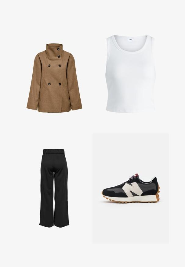 Brown wool blend coat with a high collar, double-breasted design, and black buttons. Features two side pockets and a straight cut.; White ribbed tank top featuring a round neckline, sleeveless design, and a cropped length. Label reads "JJXX." Smooth fabric texture.; Black, wide-leg pants with an elastic waistband, made from smooth fabric. Features a clean design with no pockets or visible stitching details.; Black and gray suede sneaker with a large cream-colored "N" logo, purple laces, and a textured gum rubber outsole.