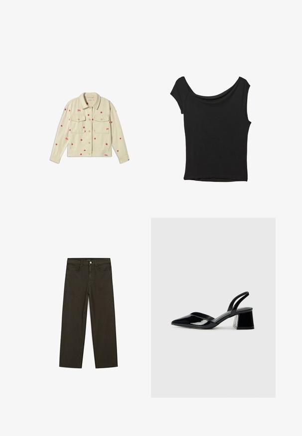 Krämfärgad denimjacka med röd blomsterbroderi, två bröstfickor, krage och knappstängning. Mjuk textur, avslappnad design.; Svart kortärmad topp i slät tyg; har en draperad halsringning och asymmetrisk nederkant, med en figursydd kropp.; Mörkgröna vida jeans i bomullsblandning, med knäppning fram, fem fickor och klassisk denimstickning.; Svarta lackläder slingback klackar med spetsig tå och geometrisk klack. Har en elegant, minimalistisk design och slät yta.