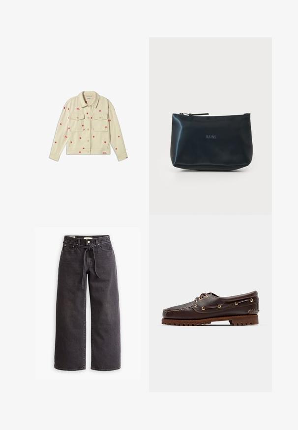 Krémová džínová bunda so vzorom červených kvetov, dvoma náprsními vreckami, golierom a zapínaním na gombíky. Mäkká textúra, nenútený dizajn.; Čierne tričko s krátkym rukávom vyrobené z mäkkej bavlny, s okrúhlym výstrihom a voľným strihom, s čistým dizajnom a bez viditeľných vzorov.; Čierne široké džínsy vyrobené zo denimu, s elastickým pásom na šnúrku, piatimi vreckami a kontrastným prešívaním. Rovný predný dizajn.; Hnedé kožené loďkové topánky so zlatými očkami, okrúhlymi šnúrkami a štruktúrovanou hnedou gumovou podrážkou. Obsahuje prešívané detaily a vyvýšené logo.; Zipsový púšťač v tmavom námorníctve, vyrobený z lesklého materiálu, s hladkým povrchom a subtílnym brandingom na prednej strane. Kompaktný a všestranný dizajn.