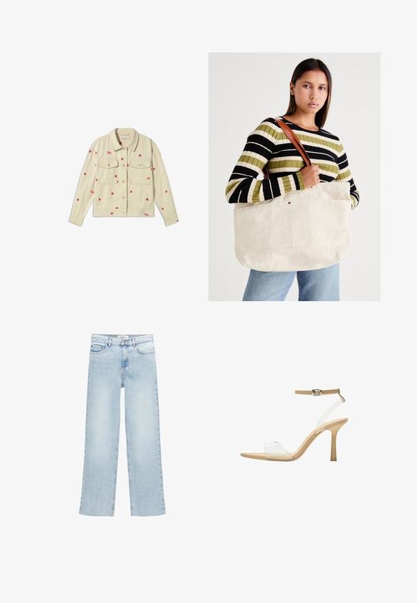 Crème denimjack met rode bloemembroideries, twee borstzakken, een kraag en knoopsluiting. Zachte textuur, casual ontwerp.; Witte katoenen T-shirt met ronde hals en korte mouwen. Eenvoudig ontwerp, gladde textuur, geen patronen of accenten.; Lichtblauwe wijde jeans van denim met een hoge taille, vijf zakken en een knoopsluiting. Heeft een minimale stikselafwerking.; Heldere sandaal met een doorzichtige bovenkant, beige voetbed en een slanke enkelriem. Voorzien van een spitse neus en een dunne hoge hak.; Grote beige canvas draagtasje met bruine leren hengsels, met een minimalistisch ontwerp en zichtbare stikaccenten.