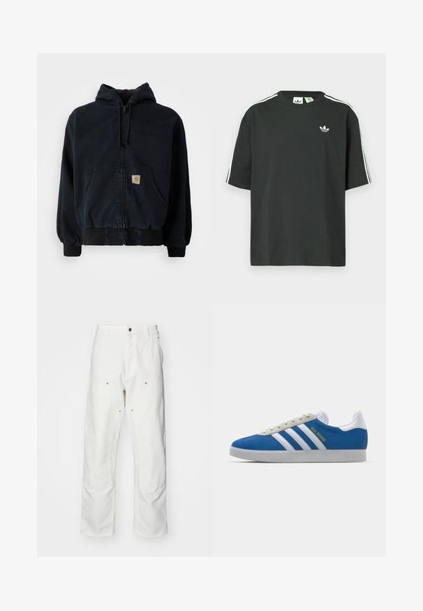Crna majica s kapuljačom na patent, s prednjim džepovima, kapuljačom s vezicom, rebrastim manžetama i rubom, koja ima malu pravokutnu žutu oznaku na džepu.; Crna pamučna majica kratkih rukava, s okruglim izrezom i bijelim detaljima u obliku triju pruga na ramenima. Na prsima se nalazi mali bijeli logotip.; Bijele pamučne cargo hlače s opuštenim krojem. Značajke uključuju prednje džepove, zlatne detalje i ojačane dijelove koljena.; adidas Originals ADIDAS GAZELLE SHOES - Dvoranske nogometne kopačke - real madrid/bluebird/footwear white/crew yellow