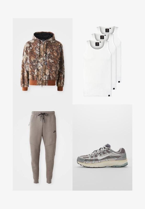 Kamu zippy kapucīne brūnā un bežā krāsā ar lapu rakstiem, regulējama kapuce un kontrastējošas brūnas piedurknes. Audums izskatās teksturēts.; Trīs baltas ribotas krūšturi, kas izgatavoti no kokvilnas. Iezīmēti ar apaļu kakla izgriezumu un maziem melniem etiķetēm tuvu apakšmalai. Pieejami vairākos izmēros.; Pelēki Nike sporta bikses ar aukliņu viduklī, sašaurinātiem galiem, sānu kabatām un izteiktām šuvēm. Mīksta, teksturēta auduma.; Pelēkie sporta apavi ar tīkla un zamša augšdaļu, baltiem akcentiem, mīkstinātu zoli un izcilu dizainu ar atstarotājiem.