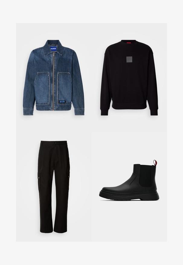 Tamna plava traper jakna s kragnom i prednjim patentnim zatvaračem. Sadrži dva velika džepa s krpom s isfrcanim rubovima i plavu oznaku HUGO.; Crna dukserica dugih rukava, okruglog izreza, sivo kvadratno logo na prednjem dijelu, meke teksture i rebrastim manžetama i rubom.; Crne cargo hlače od pamuka s opuštenim krojem, koje imaju bočne džepove, kopčanje na gumb i ravne nogavice. Jednostavan dizajn bez uzoraka.; Crni gležnjači s glatkom površinom, elastičnim bočnim panelima i kontrastnom crvenom vučnom petljom, s debelim gumenim potplatom i zaobljenim vrhom.