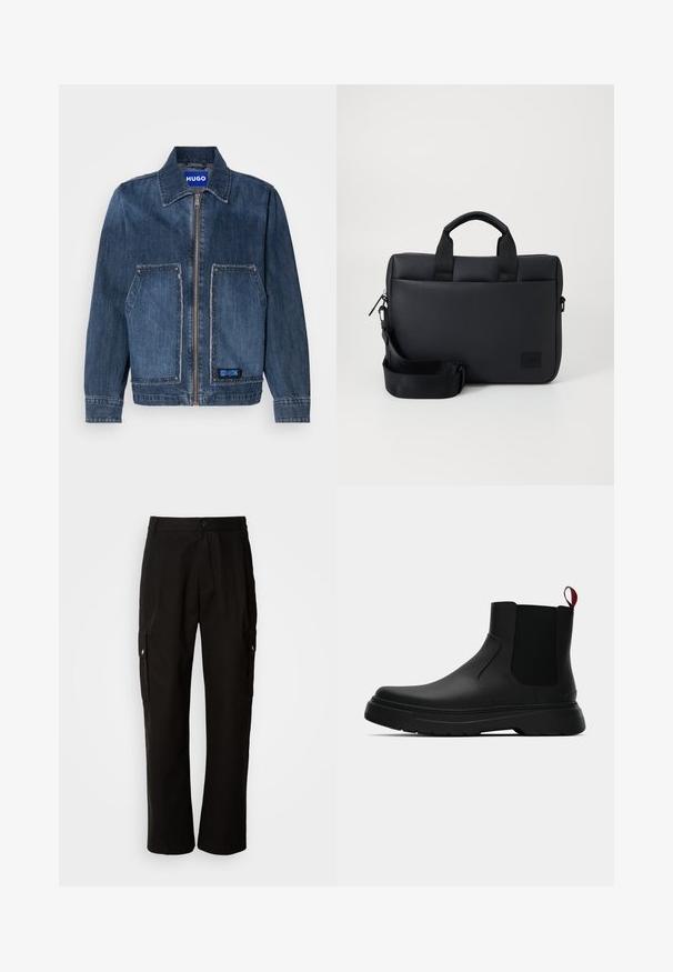 Denim jack in donkerblauw met een kraag en een rits aan de voorkant. Beschikt over twee grote opgestikte zakken met rafelige randen en een blauwe HUGO-label.; Zwarte sweatshirt met lange mouwen, ronde halslijn, een grijzige vierkante logo op de voorkant, zachte textuur en geribde manchetten en zoom.; Zwarte cargobroek van katoen met een relaxte pasvorm, voorzien van zijzakken, een knoopsluiting en rechte pijpen. Eenvoudig ontwerp zonder patronen.; Zwarte enkelboot met een gladde afwerking, elastische zijpanelen en een contrasterende rode treklus, met een dikke rubberen zool en een afgeronde teen.; Zwarte gestructureerde laptoptas met dubbele bovenhandvatten, een afneembare schouderband, ritssluiting en een klein logopatcher voor branding.