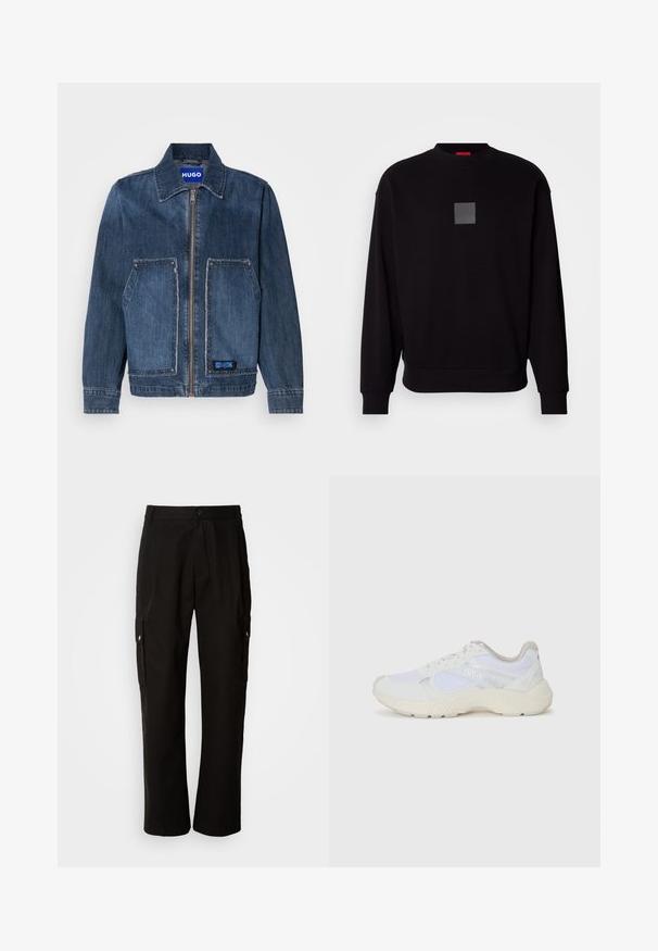 Denim jack in donkerblauw met een kraag en een rits aan de voorkant. Beschikt over twee grote opgestikte zakken met rafelige randen en een blauwe HUGO-label.; Zwarte sweatshirt met lange mouwen, ronde halslijn, een grijzige vierkante logo op de voorkant, zachte textuur en geribde manchetten en zoom.; Zwarte cargobroek van katoen met een relaxte pasvorm, voorzien van zijzakken, een knoopsluiting en rechte pijpen. Eenvoudig ontwerp zonder patronen.; Witte sportief schoenen van mesh en suede, met een gestructureerde tussenzool, gestructureerde accenten en het "HUGO" logo aan de zijkant.
