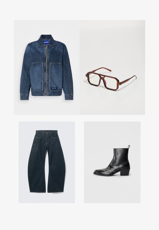 Tamsiai mėlynas džinsinis švarkas su apykakle ir priekiniais užtrauktukais. Su dviem didelėmis kišenėmis su nelygiais kraštais ir mėlynu HUGO ženklu.; Trumpas rankovėmis, per didelis džemperis tamsiai rudos spalvos su gradientiniu šviesiai rudos juostele, priekinė kišenė ir suvarstomas kapšas. Minkšta medvilnės mišinys.; Tamsiai mėlynos spalvos platėjantys džinsai iš džinso audinio su penkiomis kišenėmis, matomomis siūlėmis, užsegimu su saga ir švariu apdaila.; Juodos odinės ankle batai su kvadratiniu pirštu, dekoratyviomis siūlėmis ir žemu blokiniu kulnu. Turės trauktuką, kad būtų lengva apsiauti.; Rudos permatomi dideli akiniai su stačiakampiais lęšiais ir plonomis kojelėmis. Sukraigti, šiek tiek apvalinti kampai ir matomi tvirtinimo akcentai.