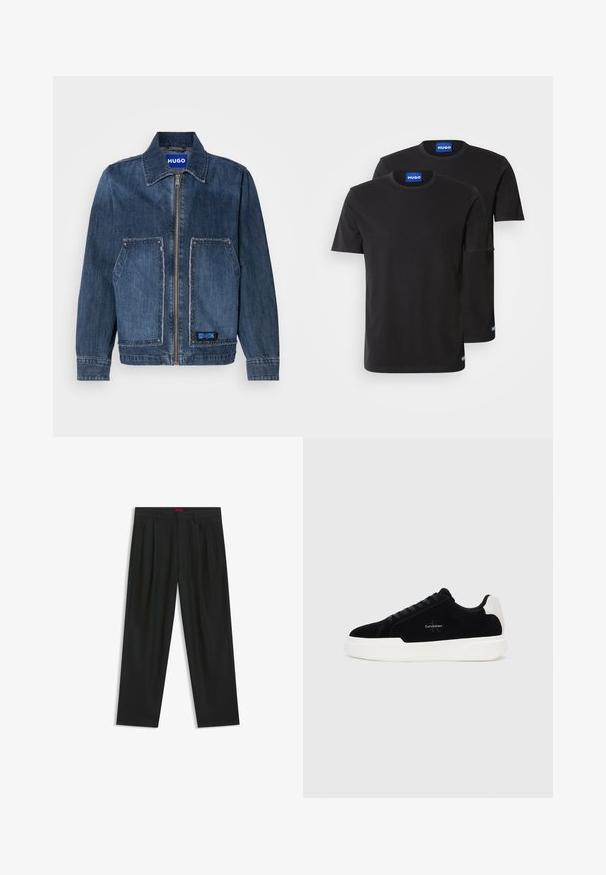 Denim jack in donkerblauw met een kraag en een rits aan de voorkant. Beschikt over twee grote opgestikte zakken met rafelige randen en een blauwe HUGO-label.; Twee zwarte katoenen T-shirts met ronde hals, korte mouwen en blauwe "HUGO" labels op de kragen en zijsplitten.; Zwarte broek met een geplooid ontwerp, wijde pijpen en een zachte textuur. Voorzien van een rode taillebandlabel.; Zwarte lage sneaker met witte zool en hielstrip, vetersluiting aan de voorkant en Calvin Klein-logo op de zijkant.