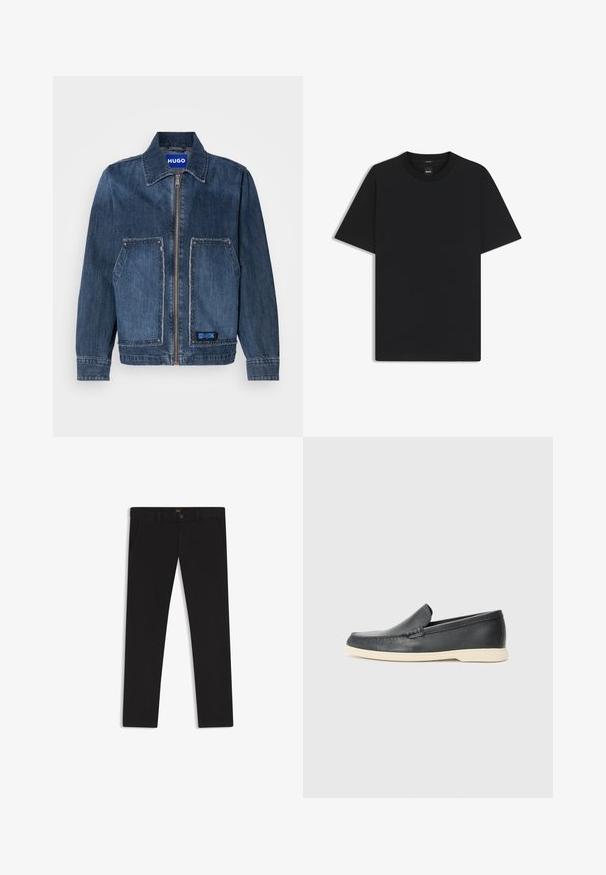 Denim jacket in dark blue with a collar and front zip. Features two large patch pockets with frayed edges and a blue HUGO label.; Black short-sleeve T-shirt made from a smooth cotton blend, featuring a crew neckline and a minimalistic design with no patterns or accents.; Black trousers made of fabric with a smooth texture. Features a button closure, belt loops, and side pockets. Standard straight-leg design.; Black leather slip-on loafers with a textured finish and a contrasting beige rubber sole. Features a subtle accent along the front.