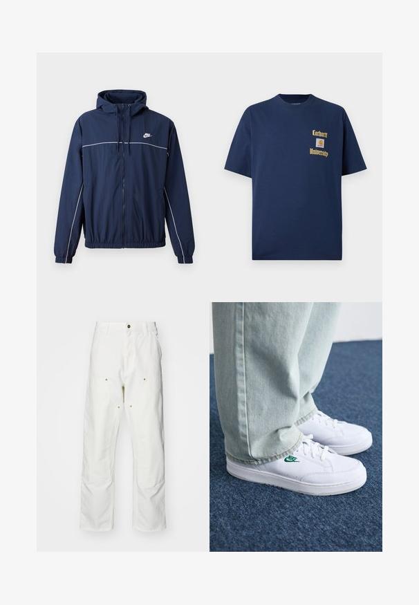 Casaco com capuz azul-marinho, com faixa branca de destaque, fecho de correr, punhos elásticos e cintura elástica; apresenta um pequeno logótipo da Nike no peito.; T-shirt de algodão azul-marinho com mangas curtas, apresentando texto dourado "Carhartt University" e um emblema no lado esquerdo do peito.; Calças cargo brancas em algodão com um corte descontraído. As características incluem bolsos frontais, detalhes em metal dourado e áreas de joelhos reforçadas.; Tênis de couro brancos com logo verde da Nike, bico redondo, sola plana, combinados com calças de denim azul claro, exibidos sobre um tapete azul.