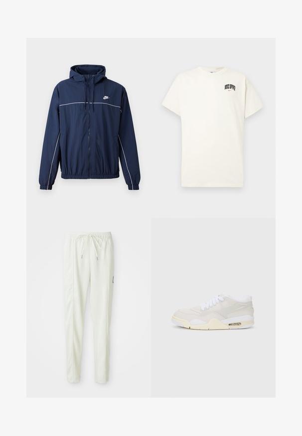 Tumši zils kapuci mēteli ar baltu akcenta joslu, ar rāvējslēdzēju, elastīgām aprocēm un jostu; uz krūšu daļas ir neliels Nike logotips.; Kremkrāsas kokvilnas T-krekls ar īsām piedurknēm, ar uzrakstu "NIKE SB" melnā un sarkanā krāsā uz krūtīm. Standarta apaļa apkakle.; Baltas slaida griezuma bikses ar elastīgu jostu un auklu, ar sānu šuvēm un mazu melnu uzlīmi labajā kājā.; Skrienotāji ar vieglu beigu sintētisko virsmu, baltiem šņorēm un redzamu amortizāciju. Iezīme gluda zole un smalki sānu akcenti.