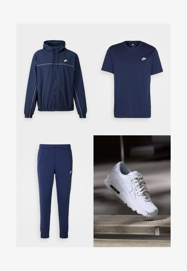 Mørkeblå hettegenser med hvit stripe, glidelås, elastiske mansjetter og midjebånd; har en liten Nike-logo på brystet.; Mørkeblå bomulls T-skjorte med rund hals og korte ermer. Har en hvit Nike-logo på venstre bryst og en rett nedre kant.; Marineblå Nike joggebukser laget av myk bomullsblanding, med elastisk midje, smale ben og en liten hvit logo på siden.; Hvit lær sneakers med teksturerte overflater, polstret krage og synlig luftdemping i sålen. Har snøring og et minimalistisk design.