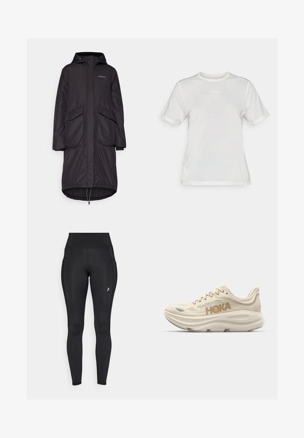 Long black parka jacket with a hood, featuring two large front pockets, a drawstring hem, and smooth, water-resistant fabric.; White short-sleeve athletic mesh shirt with crew neck and small "Salomon" logo centered on the chest.; Black full-length leggings made of stretchy material, featuring a high waist, side pockets, and a small logo on the left thigh.; Light beige running shoe with mesh upper, padded collar, prominent "HOKA" logo in gold, and thick, cushioned sole for comfort.
