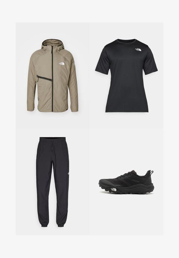 The North Face MOUNTAIN ATHLETICS HYBRID JACKET - Jakna za prosti čas - cavern grey; Črna majica s kratkimi rokavi iz lahkega, vlago odvajajočega materiala. Ima belo logo na levem prsnem delu in krožni izrez.; Črne atletske hlače iz lahkega materiala, ki imajo elastični pas z vezalko, stranske žepe in zožene manšete na gležnjih.; Črne tekaške čevlje za trail s teksturirano zgornjega dela, gumijastim podplatom in ojačanim zaključkom prstov. Vključuje oblazinjen ovratnik in zanko za enostavno obuvanje.