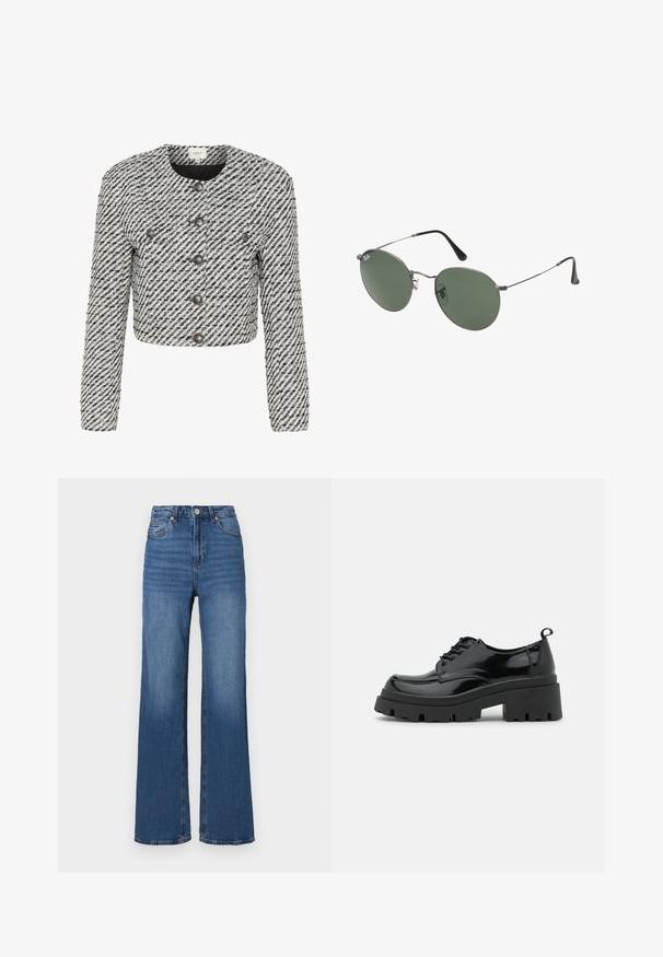 Kuttet jakke i et teksturert svart-hvitt stoff, med skrå striper, rund halslinning og seks frontknapper.; To skjortetopper uten ermer i svart og hvitt, laget av ribbestrikket bomull, med rund hals og en tettsittende design. Merker synlige på begge.; Høyt liv, vide ben blå jeans laget av denim, med en klassisk fem-lomme design og subtile falminger langs bena.; Sorte lakk lær sko med en kraftig plattformsåle og tykke snører. Avrundet tå, minimal detaljering, og en liten hæltab bak.; Metallinnrammede solbriller med ovale grønne linser. Tynn sølvfarget metallramme og svarte øreplugger. Minimalistisk design, ingen synlige logoer.