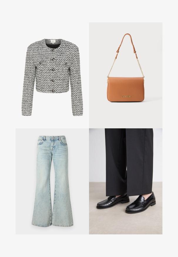 Cropped jacket in a textured black and white fabric, featuring diagonal stripes, a round neckline, and six front buttons.; Light pink tank top made of soft, stretchy fabric. Features a round neckline and narrow shoulder straps, with a smooth texture and fitted shape.; Light blue flared jeans made from denim, featuring a high waist, pockets, and frayed hems. The fabric displays a faded wash and subtle texture.; Black leather loafers with a smooth finish, stitched detailing around the toe, and a low rubber sole. Paired with wide black trousers.; Brown synthetic leather shoulder bag with a smooth texture, gold-tone chain strap, and embossed logo on the front. Rectangular shape.