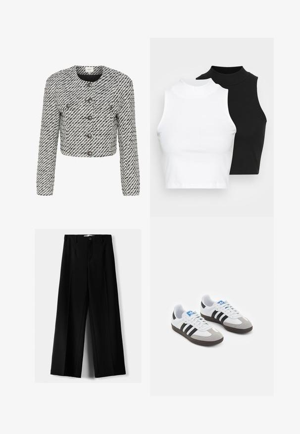 Jachetă scurtă dintr-un material texturat alb și negru, cu dungi diagonale, guler rotund și șase nasturi pe față.; Două bluze fără mâneci, cu guler înalt, în culorile negru și alb, având un design ajustat și o textură netedă, cu o lungime scurtă.; Pantaloni negri cu picior larg, fabricați dintr-un material ușor, cu închidere frontală cu nasture și față plată, având tivuri cusute cu atenție.; Încălțăminte sport cu un superior din piele albă, vârf din suede gri și trei dungi negre. Prezintă un logo albastru pe limbă și o talpă din cauciuc texturat.
