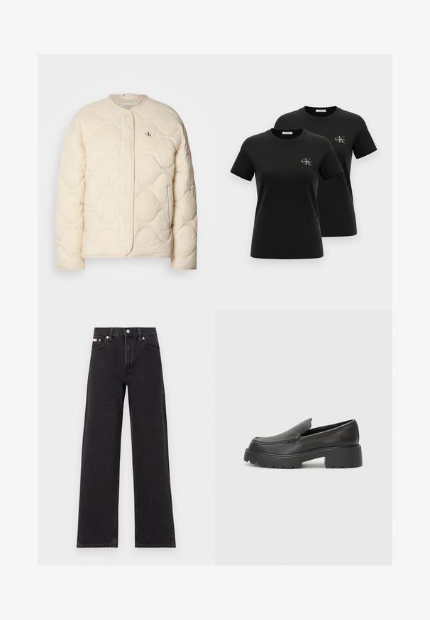 Calvin Klein Jeans INSULATED LINER JACKET - Casaco de inverno - fog; Duas t-shirts pretas de manga curta com decote redondo e pequenos logotipos cinzentos "CK Calvin Klein" no lado esquerdo do peito, apresentadas num fundo branco.; Jeans de perna larga pretos feitos de denim, apresentando uma cintura alta, estilo de cinco bolsos e um fecho em botão de metal com costura contrastante.; Mocassins de couro preto com bico arredondado, sola espessa e texturizada, e detalhes de costura minimalistas. Design elegante sem atacadores ou ferragens visíveis.