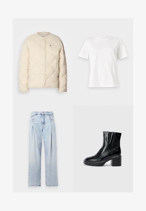 Calvin Klein Jeans INSULATED LINER JACKET - Talvitakki - fog; Valkoinen puuvillapaita lyhyillä hihoilla, pyöreällä kaula-aukolla ja rentolla istuvuudella. Sujuva rakenne, ei kuvioita tai yksityiskohtia, minimalistinen muotoilu.; Vaaleansiniset farkut, joissa on korkea vyötärö, leveälahkeinen leikkaus, kaksi sivutaskua ja pleatattu muotoilu. Pehmeä rakenne, jossa on haalistunut viimeistely.; Musta patentoitu nahkasaappaat nilkkoihin, joissa on kaareva kärki, joustavat sivupaneelit ja paksu lohkoilut. Takana on kohokuvioitu logo.