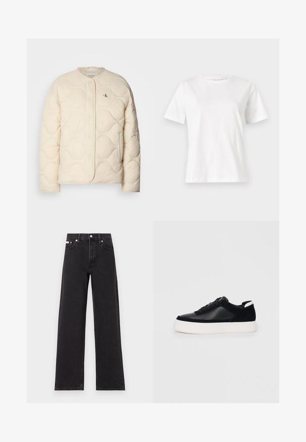 Calvin Klein Jeans INSULATED LINER JACKET - Téli dzseki - fog; Fehér pamut póló rövid ujjakkal, kerek nyakkivágással és laza szabással. Sima textúra, nincsenek minták vagy díszítések, minimalista dizájn.; Fekete, bőszárú farmernadrág, magas derekú, öt zsebes kialakítással és fém gombos záródással, kontrasztos varrással.; Fekete sportcipő sima bőrből és velúr panelekkel, lapos fűzőkkel, kerek orral és fehér gumi talppal. Megkülönböztető logó a sarkán.