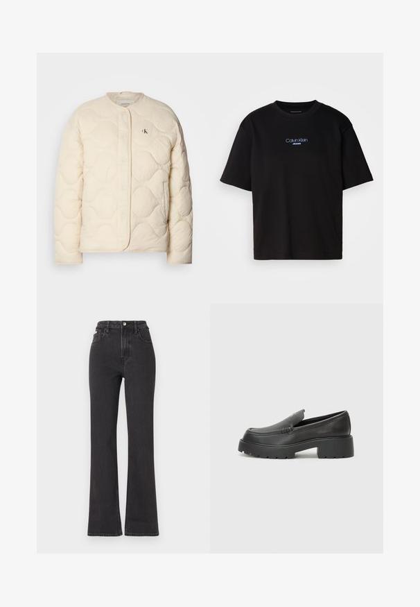 Calvin Klein Jeans INSULATED LINER JACKET - Zimná bunda - fog; Čierne bavlnené tričko s okrúhlym výstrihom, krátkymi rukávmi a modrým vyšívaným logom "Calvin Klein JEANS" na prednej strane.; Čierne džíny s vysokým pásom a rozšírenými nohavicami vyrobené z denimu, s gombíkovým zapínaním, pútkami na opasok a bočnými vreckami. Hladká textúra s minimálnym ošúchaním.; Čierne kožené mokasíny s okrúhlou špičkou, hrubou textúrovanou podrážkou a minimom stehovej výzdoby. Štíhly dizajn bez viditeľných šnúr alebo kovania.