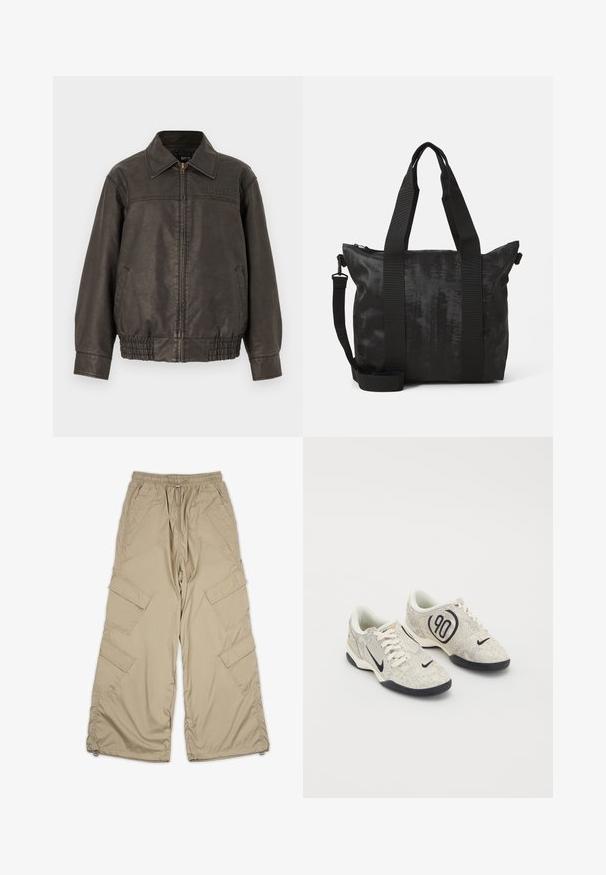 BDG Urban Outfitters BILLIE - Μπουφάν από συνθετικό δέρμα - black; Μαύρο φούτερ με κουκούλα από μαλακό ύφασμα, με μπροστινή τσέπη, ριμπ μανίκια και στρίφωμα, και μία καρδιά με το κείμενο "PEGADOR" σε γκρι.; Μπεζ cargo παντελόνι με ελαστική μέση, πολλές πλαϊνές τσέπες και χαλαρή εφαρμογή. Φτιαγμένο από ελαφρύ, λείο ύφασμα με λεπτομέρειες ραφής.; Nike αθλητικά παπούτσια με μπεζ και γκρί υφή, μαύρες λεπτομέρειες, μεγάλο λογότυπο "90" και λευκό κορδόνι. Μαύρη σόλα.; Μαύρη τσάντα tote με υφασμάτινη υφή, διπλές πάνω λαβές και αποσπώμενος ιμάντας. Διαθέτει κλείσιμο με φερμουάρ για ασφαλή αποθήκευση.