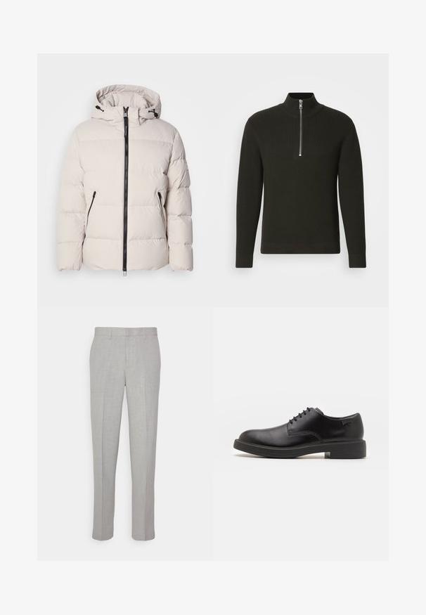 Puffatakki vaaleassa beigen värissä, jossa on huppu, etuvetoketju ja kaksi vetoketjullista sivutaskua. Rakenne on teksturoitu ja tikattu, ja hihoissa on joustavat resorit.; Musta ribbed-neulepaita, jossa on korkea kaulus ja lyhyt vetoketju, pitkät hihat ja kapea istuvuus.; Harmaat housut, joissa on sileä pinta, sileä etuosa ja suorat lahkeet. Valmistettu hengittävästä kankaasta, sisäisillä taskuilla ja vyölenkeillä varustettuna.; Mustat nahkasaappaat, joissa on pyöreä kärki, sileä pinta, minimaalinen ommel ja matala kumipohja. Logo kannassa.