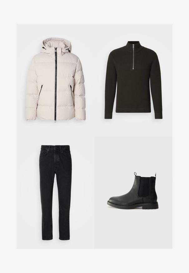 Puffer jacket in light beige, featuring a hood, front zipper, and two zippered side pockets. Textured, quilted design with elastic cuffs.; Black ribbed knit sweater with a high collar and a short zip closure, featuring long sleeves and a slim fit design.; Black denim jeans with a straight leg design, featuring a button and zipper closure, front pockets, and subtle texture.; Black leather chelsea boots with elastic side panels, pull tabs, rounded toe, and textured rubber sole. Smooth surface and sturdy design.