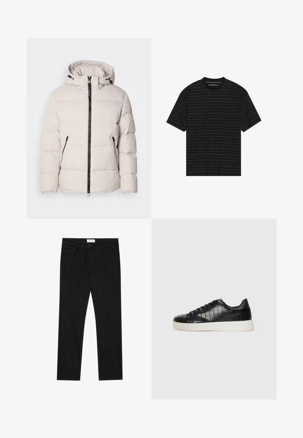 Puhasta jakna u svijetlo bež boji, s kapuljačom, prednjim patentnim zatvaračem i dva bočna džepa s patentnim zatvaračem. Tekstura je kvečena s elastičnim manžetama.; Crna majica kratkih rukava s tankim bijelim horizontalnim prugama. Izrađena od mekanog materijala s okruglim izrezom i opuštenim krojem.; Crne ravne traperice s pet džepova, zatvaranje na gumbe i patentni zatvarač, te oznakom marke Pier One na pojasu.; Crne tenisice s teksturiranom gornjom površinom od kože s uzorkom krokodila, zaobljenim vrhom i kontrastnom bijelom gumenom potplatom s glatkom završnom obradom.