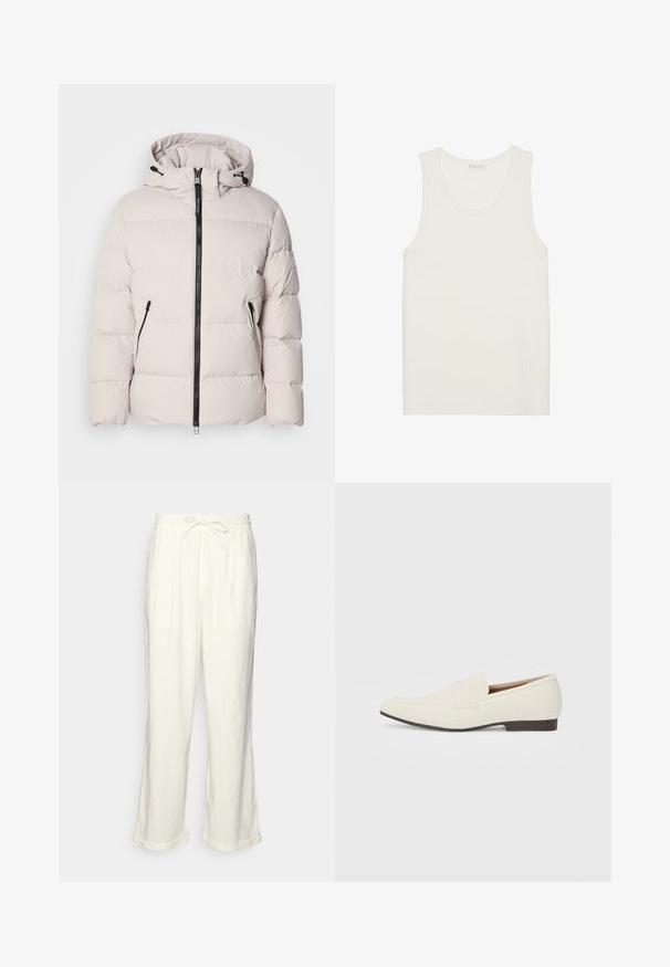 Puhasta jakna v svetlo bež barvi, z kapuco, sprednjim zadrgo in dvema stranskima žepoma z zadrgo. Teksturalna, puhaste zasnove z elastičnimi manšetami.; Rebrast top z belim rebrom, okroglo izrezan in širokimi naramnicami, izdelan iz mehkega, teksturiranega materiala, z ravnim robom.; Linen hlače v svetlo bež barvi z elastičnim pasom, nekoliko širokimi hlačnicami in zavitimi manšetami za sproščen kroj. Brez žepov.; Svetlo bež balerinke s koničastim nosom, gladkim materialom, pasom čez zgornji del in nizkim rjavim podplatom. Enostaven dizajn z minimalnimi detajli.