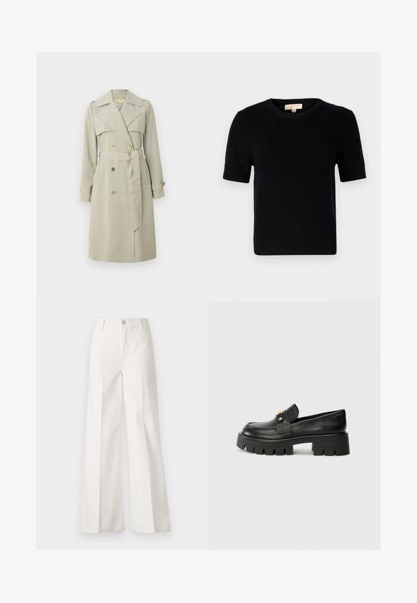 Svetlo bež trench plašč z dvojno zapenjanjem, širokim ovratnikom in pasom. Ima zlate gumbe in zapone na rokavih. Gladek material.; Črn pleteni pulover s kratkimi rokavi in okroglo izreza. Ima rebrasto teksturo in naravnost krojen rob. Etiketa na notranji strani ovratnika.; Bele široke hlače iz bombaža z gladko teksturo. Imajo gumb spredaj, zadrgo in zasnovo z štirimi žepi.; Črne usnjene loaferje z debelim podplatom, ki imajo zlatoten naglas na sprednji strani in gladko površino. Debela oblika profila na podplatu.
