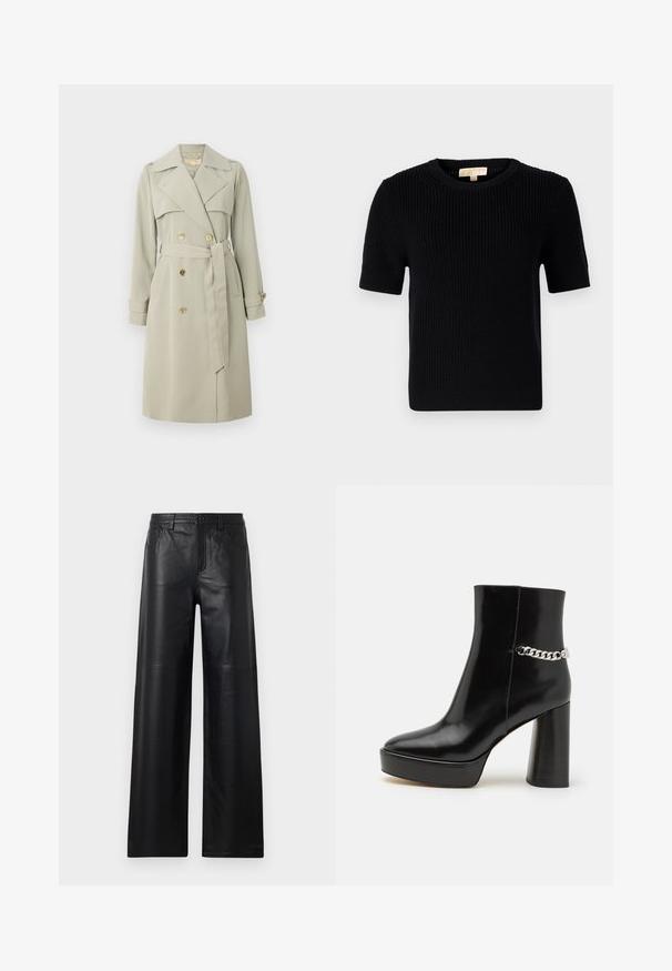 Trench coat bej deschis, cu un front cu două rânduri de nasturi, guler larg și talie cu curea. Are nasturi cu ton de aur și curele pe manșete. Țesătură netedă.; Pulover scurt, din tricot negru, cu mânecă scurtă și guler rotund. Dispune de o textură dantelată și un tiv tăiat drept. Etichetă pe gulerul interior.; Pantaloni din piele neagră cu picioare largi, având o textură netedă, cu buzunare frontale, sistem de închidere cu buton și detalii de cusătură subtile.; Botine negre din piele lacuită, cu platformă masivă și toc înalt. Prezintă un accent din lanț argintiu pe lateral. Textură netedă.