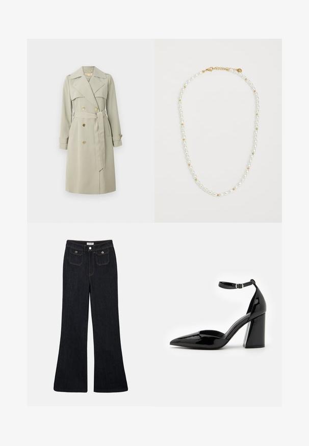 Lys beige trenchcoat med dobbeltknappet front, bred krave og bæltestrop i taljen. Har guldtonede knapper og manchetremme. Glat stof.; Cremefarvet kortærmet top med smocked tekstur, V-hals og knaplukning. Letvægtsstof med diskrete pufærmer.; Sorte denim jeans med høj talje, flared ben, to frontlommer og orange syninger. Materialet ser solidt og glat ud.; Sorte patenterede læder høje hæle med spids tå, ankelrem og bred blokhæle for stabilitet, med en glat og skinnende overflade.; Perlekæde med skiftende hvide ovale perler og små guldperler, med en guldspænde til lukning. Glat overflade generelt.