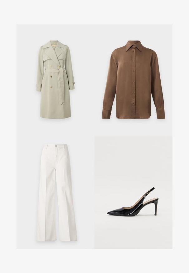 Trench coat bej deschis, cu un front cu două rânduri de nasturi, guler larg și talie cu curea. Are nasturi cu ton de aur și curele pe manșete. Țesătură netedă.; Cămașă lungă cu mânecă, de culoare maro, cu guler și manșete ascuțite, prezentată pe un fundal alb simplu.; Pantaloni albi cu picioare largi, confecționați din bumbac cu o textură fină. Prezintă un buton în față, fermoar și un design cu patru buzunare.; Pantofi slingback din piele patent neagră, cu vârful ascuțit, tocul subțire și un design discret cu decupaj. Se evidențiază printr-un cataramă aurie pe curea.