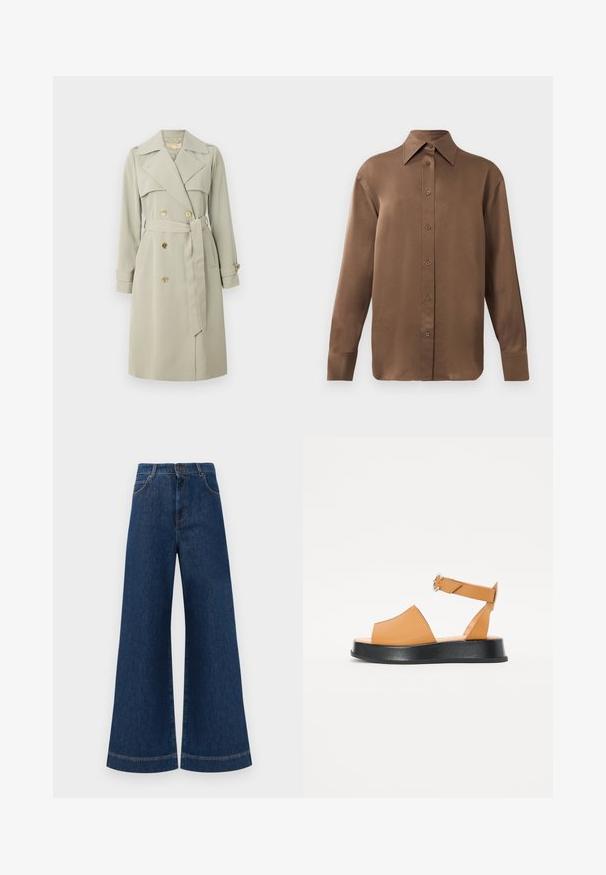 Trench-coat beige clair avec un devant double boutonnage, un large col et une taille cintrée. Présente des boutons dorés et des sangles aux poignets. Tissu lisse.; Chemise marron à manches longues avec un col et des poignets pointus, présentée sur un fond blanc uni.; Jeans en denim bleu à taille haute et jambes larges, avec une fermeture à bouton, des passants de ceinture et des détails de couture subtils le long des poches et des ourlets.; Sandale en cuir tan avec un large devant, bout ouvert, sangle ajustable et une semelle épaisse noire. Texture lisse et design minimal.