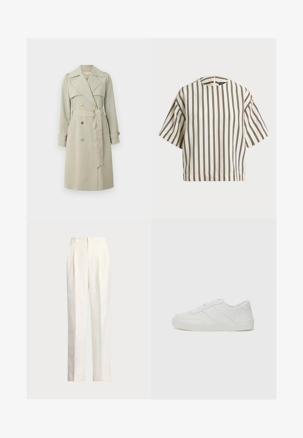 Lys beige trenchcoat med dobbeltknappet front, bred krave og bæltestrop i taljen. Har guldtonede knapper og manchetremme. Glat stof.; Kortærmet, stribet top i creme og marineblå, med rund halsudskæring og boxy design i et tekstureret stof.; Polo Ralph Lauren HEMP WIDE LEG PANT - Bukser - nevis; Hvide lædersneakers med flade snørebånd, rund tå og subtile syningsdetaljer. Har en struktureret sål og præget brandlogo på hælen.