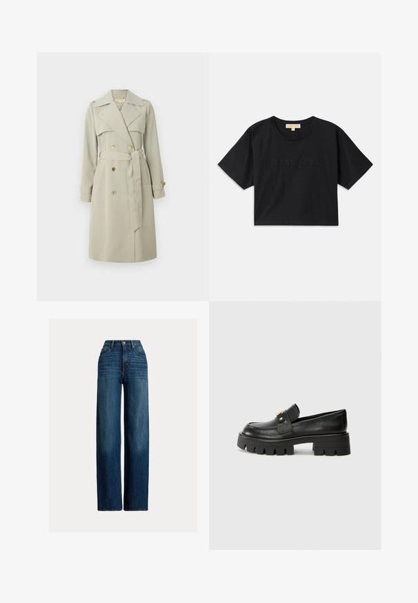 Helle beige Trenchcoat mit doppelreihiger Knopfleiste, breitem Kragen und tailliertem Gürtel. Verfügt über goldfarbene Knöpfe und Manschettenriegel. Glattes Material.; Schwarzes, verkürztes T-Shirt aus Baumwolle. Hat einen runden Halsausschnitt und kurze Ärmel. "MICHAEL KORS" in passender Farbe auf der Vorderseite gestickt.; Weite Jeans aus Denim in Dunkelblau. Mit hoher Taille, Knopfverschluss und klassischem Fünf-Taschen-Design. Glatte Textur mit feinen Auswaschungen.; Schwarze Lederloafers mit einer klobigen Sohle, die an der Vorderseite ein goldfarbenes Akzent und eine glatte Oberfläche aufweisen. Klobiges Profil-Design auf der Sohle.