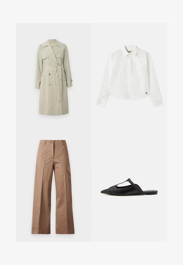 Trench coat bej deschis, cu un front cu două rânduri de nasturi, guler larg și talie cu curea. Are nasturi cu ton de aur și curele pe manșete. Țesătură netedă.; Cămașă albă cropped cu mânecă lungă din bumbac. Prezentă un închizător cu nasturi în față, un buzunar pe piept și un mic logo negru în partea stângă jos.; Pantaloni largi de culoare maronie, confecționați dintr-un material neted, având o închidere cu nasture în față, două buzunare frontale și linii curate, croite.; Pantofii din piele neagră cu curea la spate au vârful ascuțit, prezentând un accent țesut și un design superior pliat. Talpa joasă cu hardware minim.