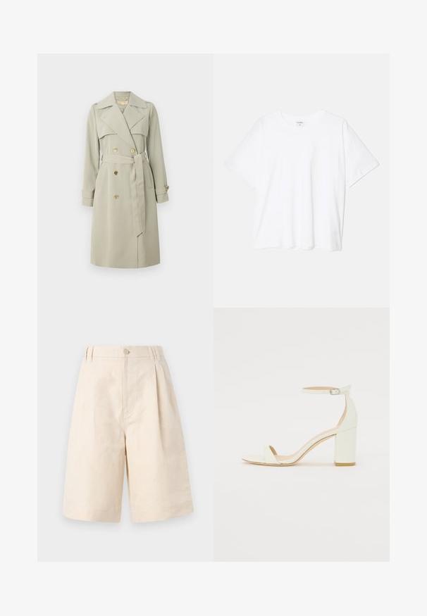 Vaalean beige trench-coat, jossa on kaksirivinen etuosa, leveä kaulus ja vyötärölle sidottu vyö. Varusteena kultasävyiset napit ja hihalaput. Sileä kangas.; Valkoinen puuvillapaita lyhyillä hihoilla, pyöreällä pääntiellä, rentoa tyyliä ja ommeltu helma. Tunniste näkyvissä sisäkauluksessa.; Beige lakanashortsit rentossa istuvuudessa, joissa on nappikiinnitys, laskostettu muotoilu ja polvipituus. Suora tekstuuri ja yksinkertainen tyyli.; Valkoiset nahkaiset tukikorkosandaalit, joissa on nilkkahihna soljella ja minimalistinen muotoilu. Avoin varvas ja sileät pinnat koko kengässä.