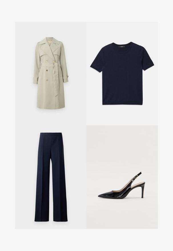 Svetlo béžový trenčkot s dvojitým zapínaním vpredu, širokým golierom a opaskom v páse. Obsahuje zlaté gombíky a popruhy na manžetách. Hladká tkanina.; Námornícka modrá polokošeľa krátky rukáv vyrobená z mäkkej látky, s okrúhlym výstrihom a rebrovanými okrajmi, hladkou textúrou a bez viditeľných vzorov.; Široké nohavice z tmavomodrej látky, s hladkou textúrou, jemnými prednými zosilneniami a priliehavým pásom pre elegantný siluetu.; Čierne lakované kožené slingback lodičky s špicatou špičkou, štíhlým podpätkom a jemným výrezom. Obsahuje zlatú pracku na remienku.