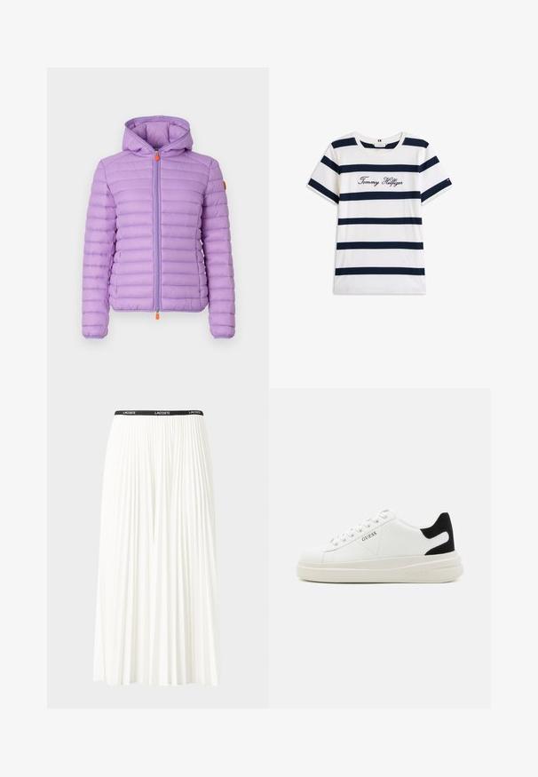 Save the duck DAISY - Zimní bunda - wisteria violet; Bavlněné tričko s horizontálními námořnickými pruhy na bílém pozadí. Na hrudi je výšivka "Tommy Hilfiger" v kurzívě. Kulatý výstřih.; Záhybová bílá sukně s černým elastickým pasem s logem "LACOSTE". Suška je střední délky a má jemnou texturu.; Bílé kožené tenisky s tlustou bílou podrážkou, černým semišovým akcentem na patě a vyraženým logem na boku. Šněrovací design se šesti očka.