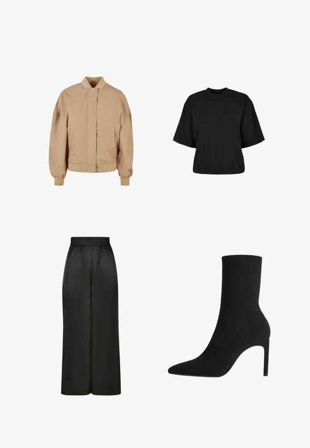 Bežna bomberska jakna s stoječim ovratnikom, sprednjim zadrgo, stranskimi žepi, rebrastimi manšetami in robom. Gladka, lahkotna tekstura tkanine.; Črna kratka majica iz bombaža. Ima kratke roke in okroglo izreza. Gladka tekstura z enostavnim dizajnom, brez dodatnih vzorcev.; Črne široke hlače iz gladkega, sijočega materiala z elastičnim pasom in brez vidnih žepov ali kovinskih detajlov.; Črne gležnjarje iz mehkega semiša, z ostrim nosom in visokim stiletto peto. Minimalističen dizajn brez vidnih kovinskih delov ali vzorcev.