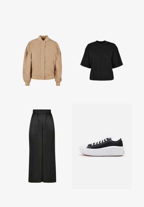 Beige bomberjack met opstaande kraag, rits aan de voorkant, zijzakken, ribgebreide manchetten en zoom. Glad, lichtgewicht stofgevoel.; Zwart cropped t-shirt van katoen. Heeft korte mouwen en een ronde halslijn. Glad materiaal met een eenvoudig ontwerp, geen extra patronen.; Zwarte wijde broek gemaakt van soepel, glanzend materiaal met een elastische tailleband en zonder zichtbare zakken of hardware-details.; Zwarte canvas sneakers met witte veters, een witte rubberen teenkap en een chunky witte tussenzool. Bevat subtiele witte stiksels en een gumzool.